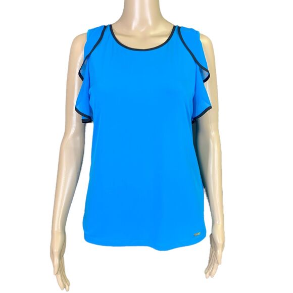 Calvin Klein Womens Blouse Top Shirt Ruffle Sleeve Pullover Teal Black XS - Picture 4 of 16